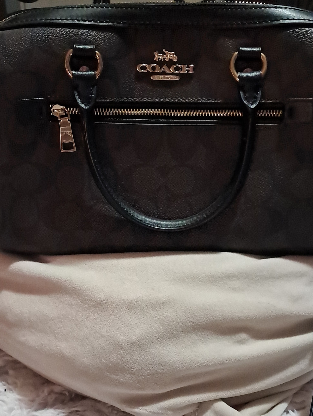 Coach Black Signature Monogram Satchel with Gold-Tone Logo